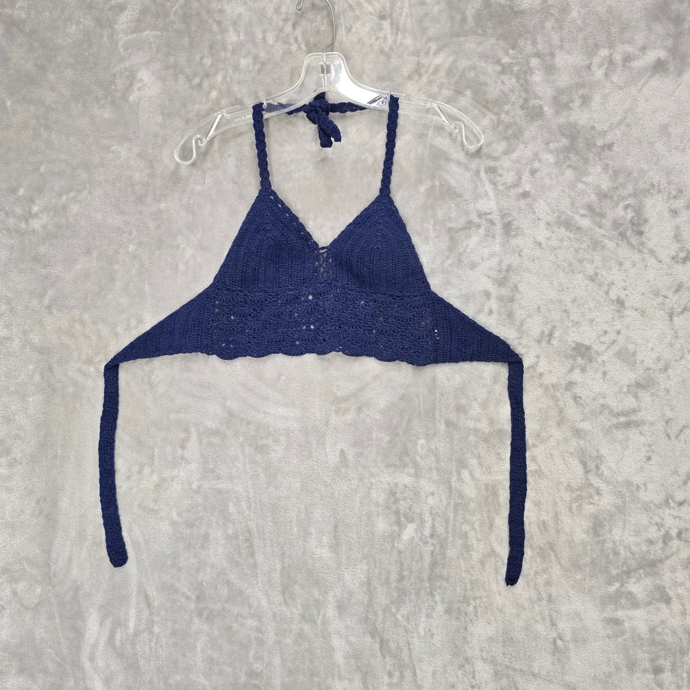 Handmade Crochet Halter‎ L Crop Top Navy Blue Cotton Knit Boho Bralette Festival - Picture 8 of 10